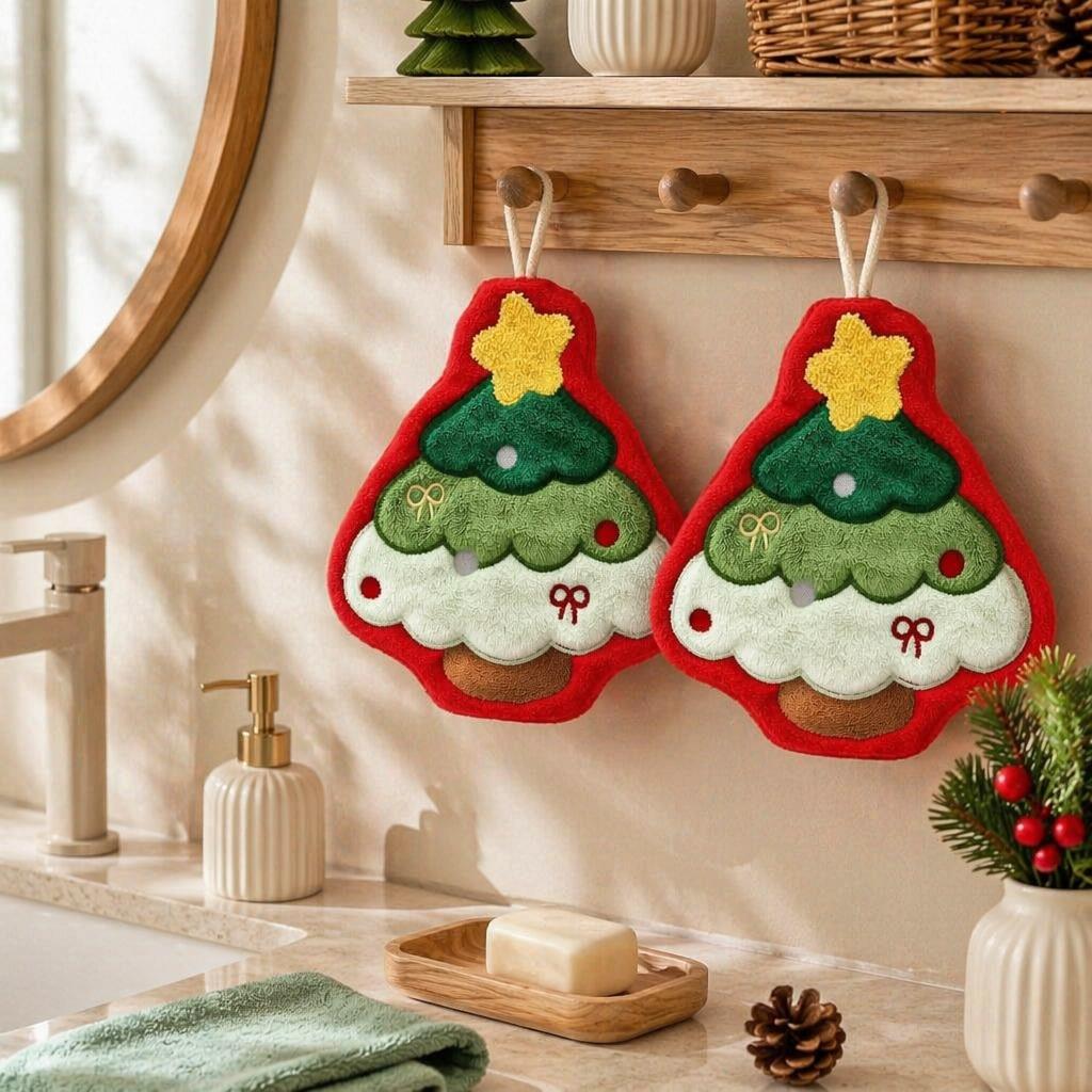 Christmas Hanging Hand Towels for Bathroom Christmas Tree Kitchen Towels with Loop Absorbent Soft Santa Gingerbread Decorative
