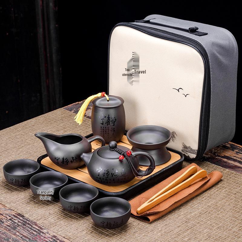 Portable Purple Clay Xishi Teapot Set with Leather Bag and Tea Tray for Home, Travel, or Business