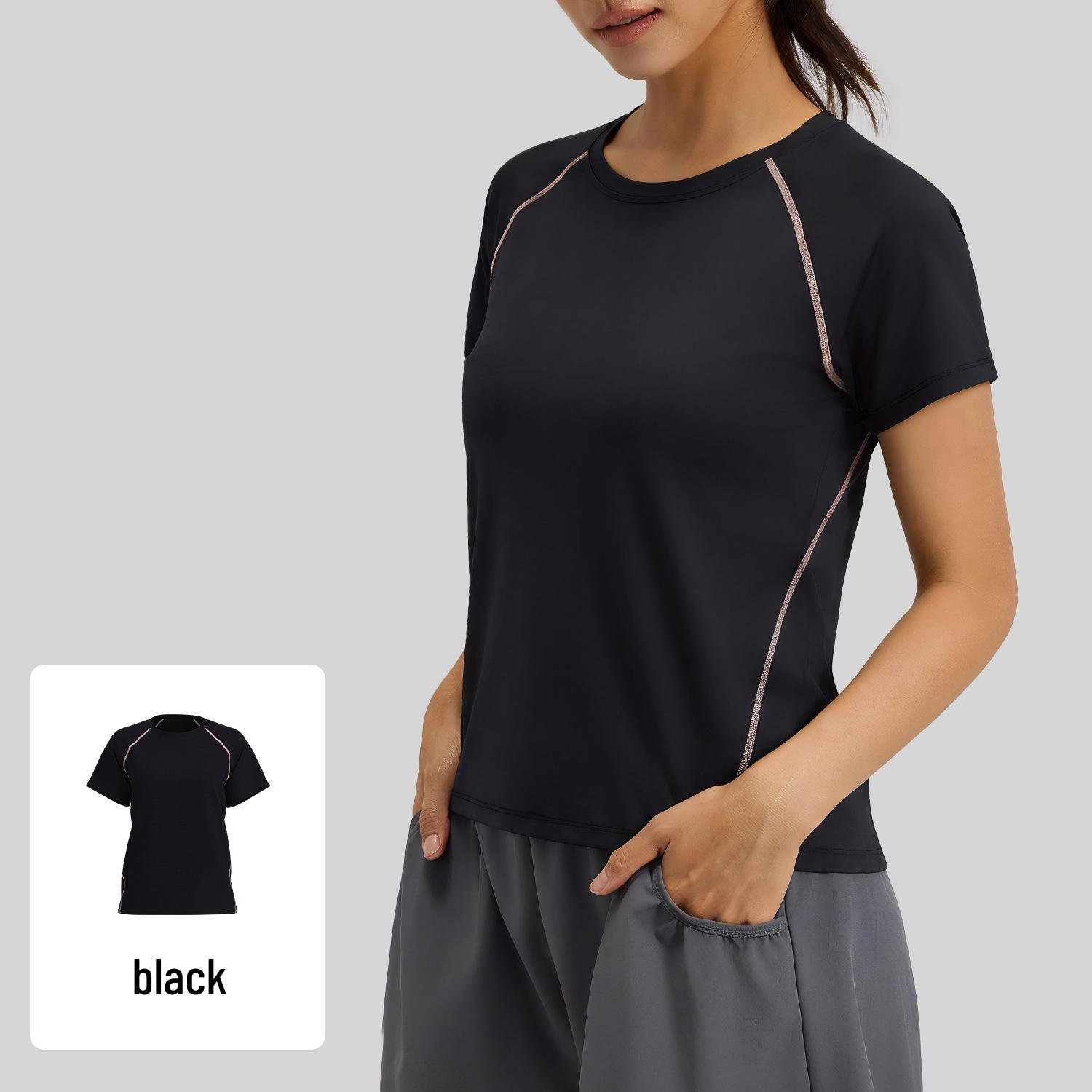 Women s Summer Color Block Loose Fit Yoga T-Shirt Double Extra Large чёрный