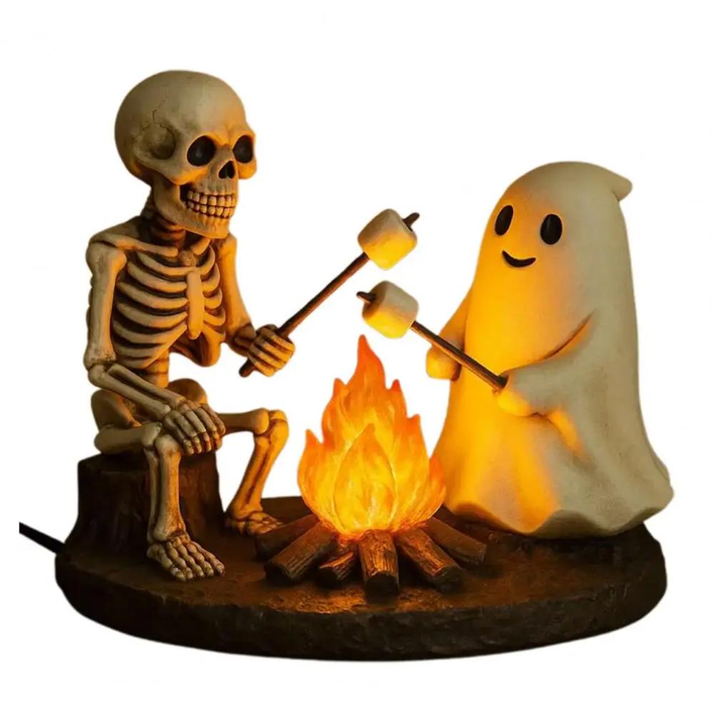 Skeleton Ghost Bonfire Night Lamp Halloween Roasting Marshmallow Ghost Statue Fake Campfire Lamp Home Party Bedroom Decoration