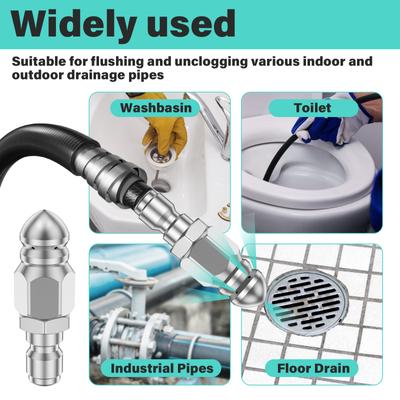 Pressure Washer Sewer Jetter Nozzle Sewage Hose Cleaning Nozzle 1/4Quick Connector Stainless Steel Spray Gun Sewer Cleaning Tool