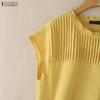 ZANZEA Blusa Casual Feminina de Manga Curta e Cor Sólida com Decote Redondo