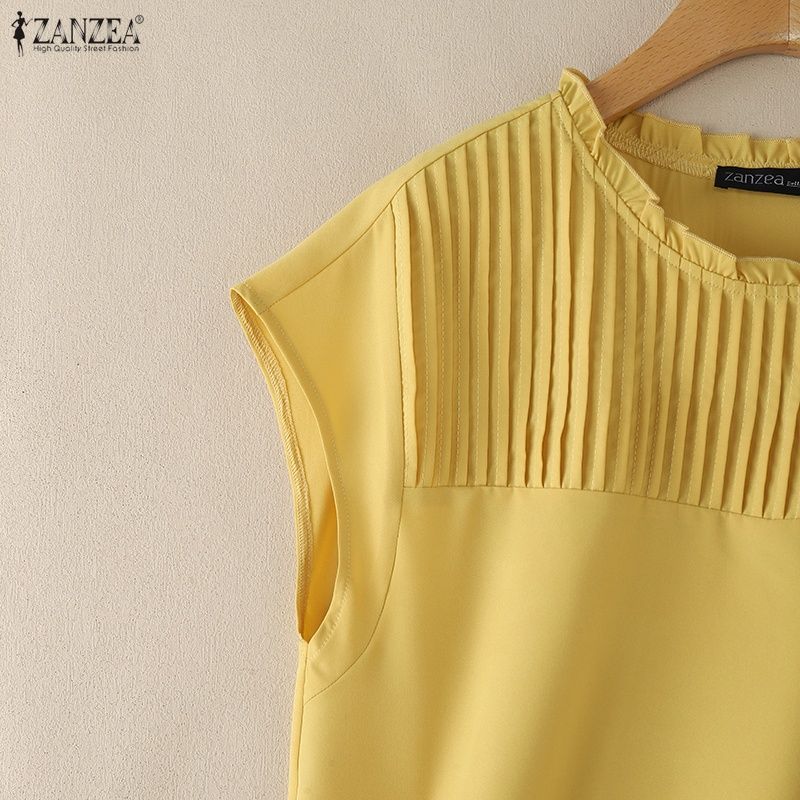 ZANZEA Blusa Casual Feminina de Manga Curta e Cor Sólida com Decote Redondo