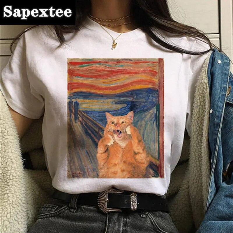 Camiseta Gato Van Gogh woUnisex estampado artístico pintura al óleo hermosa linda divertida camiseta dibujos animados años 90 ulzzang top casual camiseta mujer