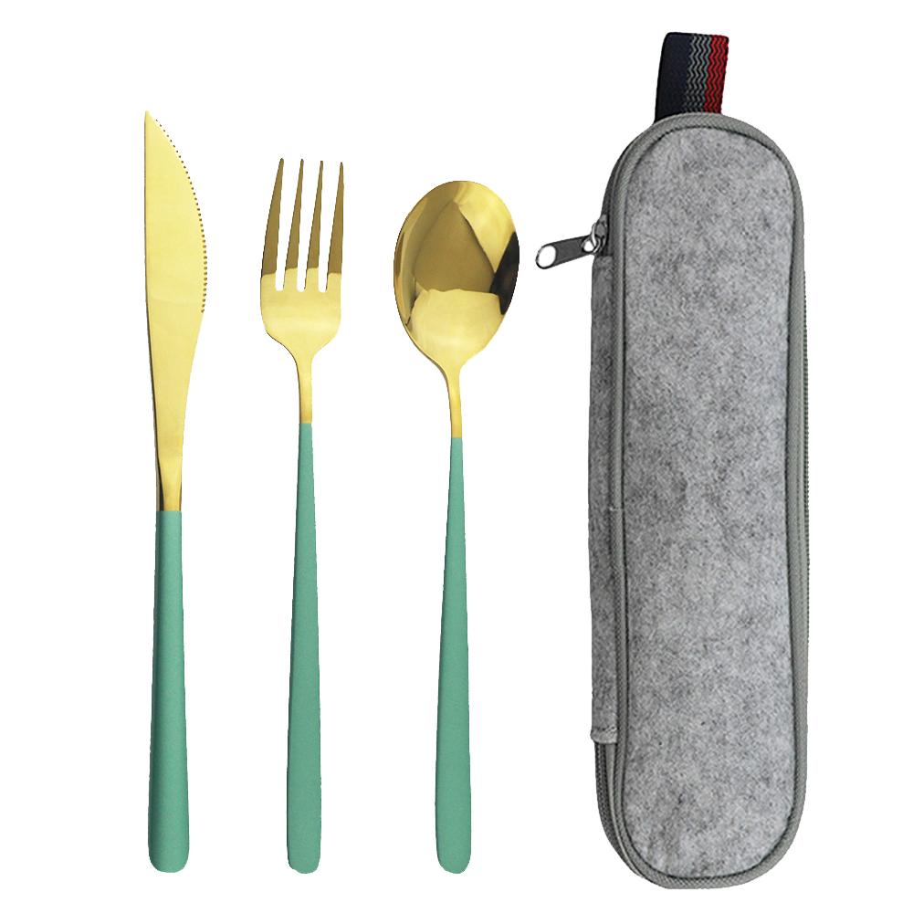 Pink Gold 4Piece Dinnerware Set Portable Reusable Cutlery Set For Travel Camping Flatware Spoon Fork Utensils Set and Bag