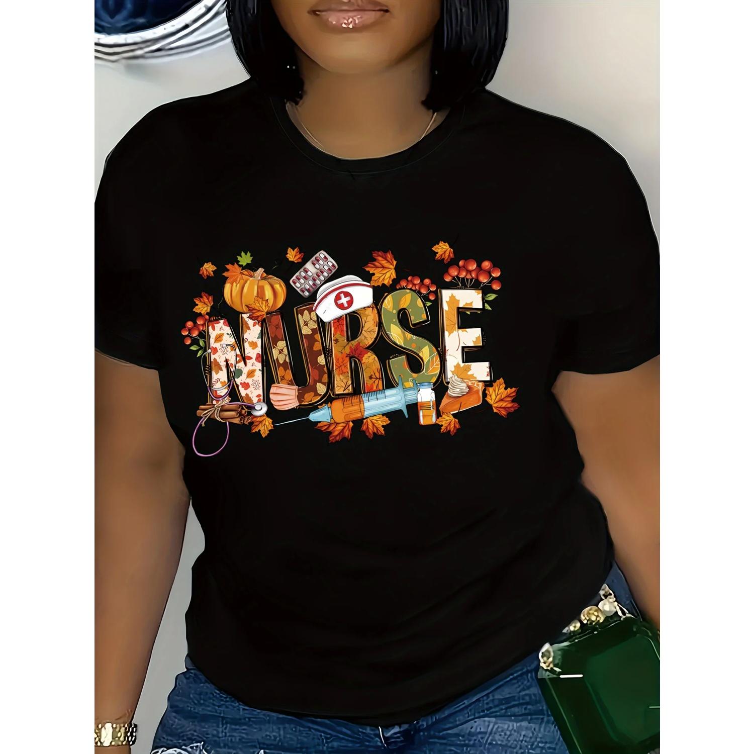 

Thanksgiving Nurse-Themed Women s T-Shirt - Casual Short Sleeve Crew Neck Soft Polyester Machine Washable S чёрный