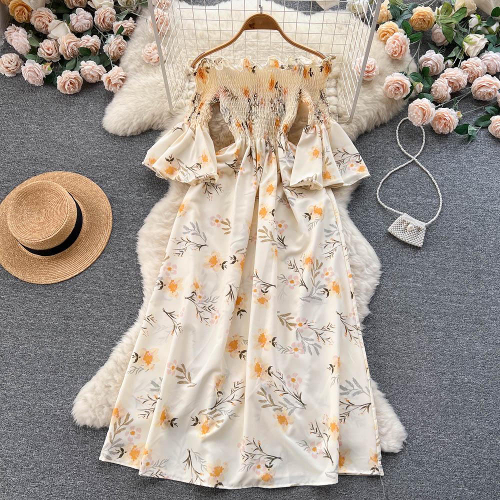 Floral Print Strapless Dress Women French Slash Neck Flare Sleeve Elastic Waist Lady Vacation Fashion Slm A Line Dress