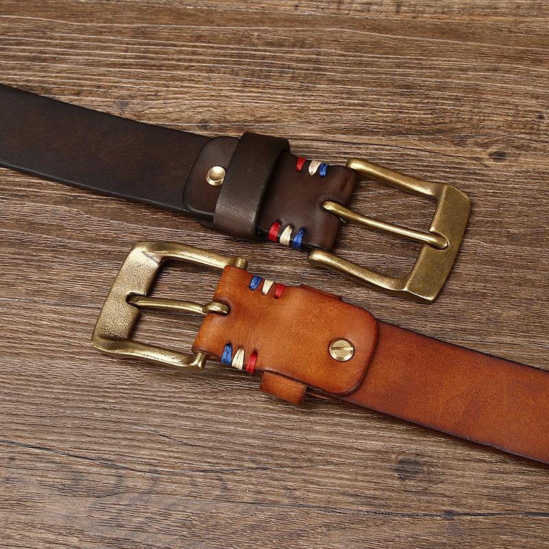 Belt Men's Retro Personalized Trendy Laser Engraving Genuine Cattlehide Leather Surface Brass Buckle Men's Jeans Belt Men's