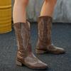 Bohemia Ethnic Embroidery Western Cowboy Boots Women Autumn Sexy Pointed Toe Medium Heel Riding Boots Slip On Mid Calf Booties