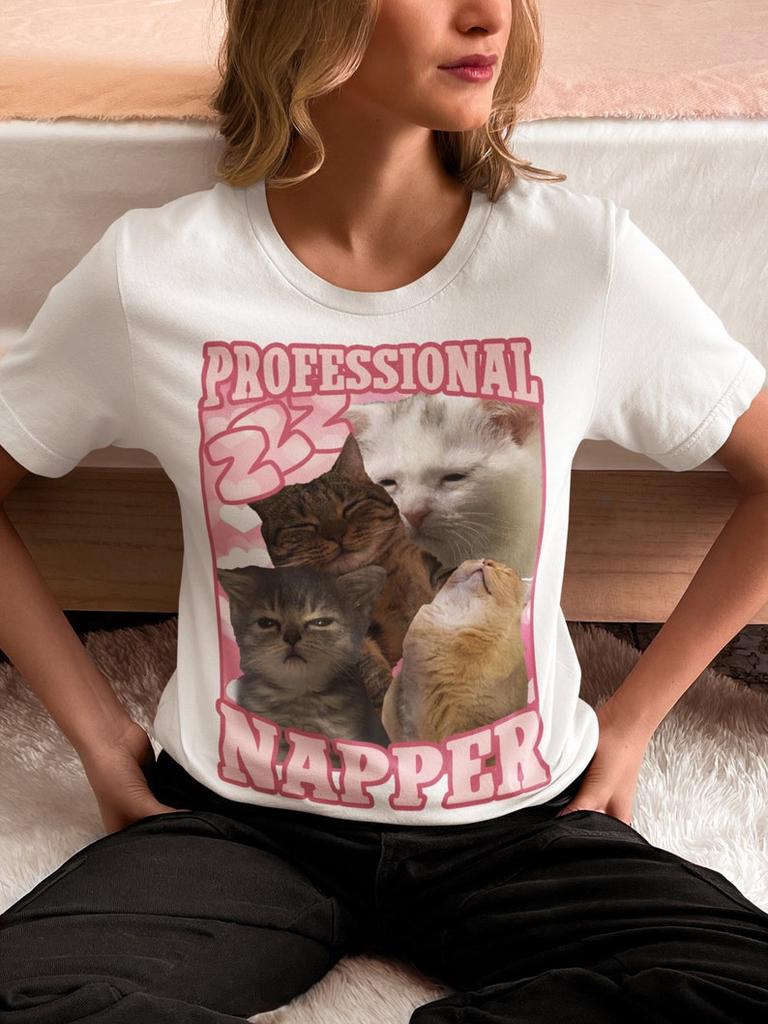 Professional Napper Funny Cat Meme T-shirt Gift for Her Goofy Ahh Tshirt Sleeping T-shirt Ironic Cats Shirt Retro Vintage Unisex