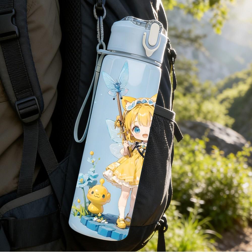 1PC Winged Fairy Girl Blue Tone Pattern 750ml Color Plastic Sports Water Bottle Leakproof Flip Straw Lid Suitable for Sports Office Home Use