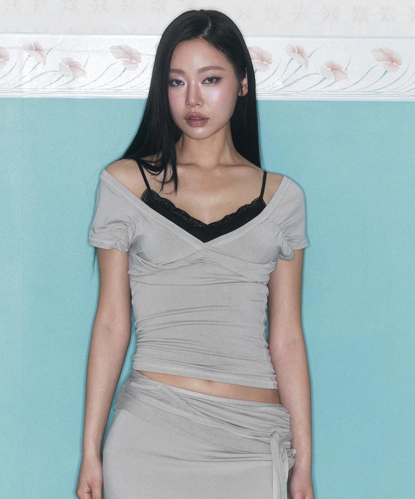 Peullijeunopallou Marin Strap Shirring Short Sleeve Top (Ash Beige)