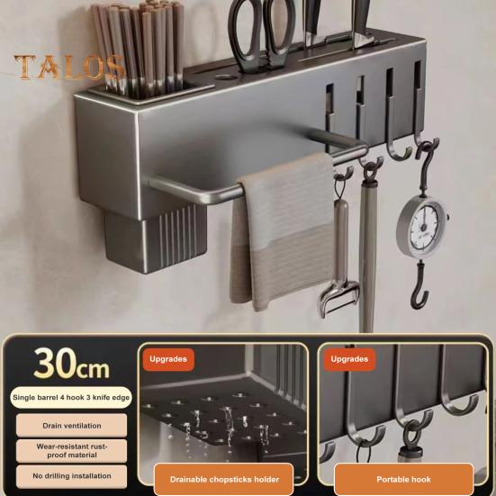 Kitchen Cutlery Holder Wall Mounted Cutter Holder with Hooks Carbon Steel Cutter Storage Rack for Spoon Chopsticks Rust-Resistant Kitchen Utensil