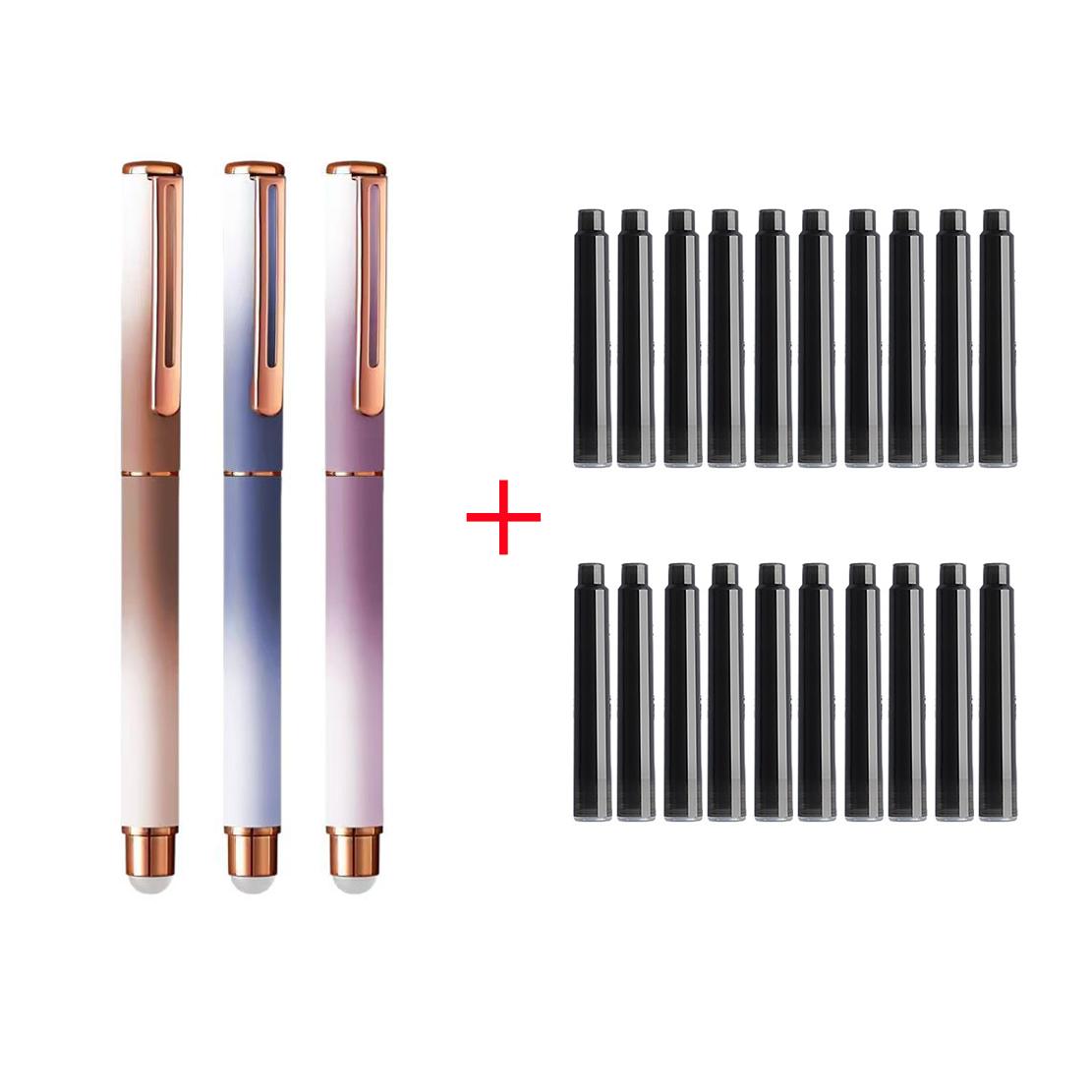 

3pcs Student Erasable Fountain Pen with 20pcs Ink Catridges for School Writing Materials 0.38mm Iridium Nib (as the picture,EF)