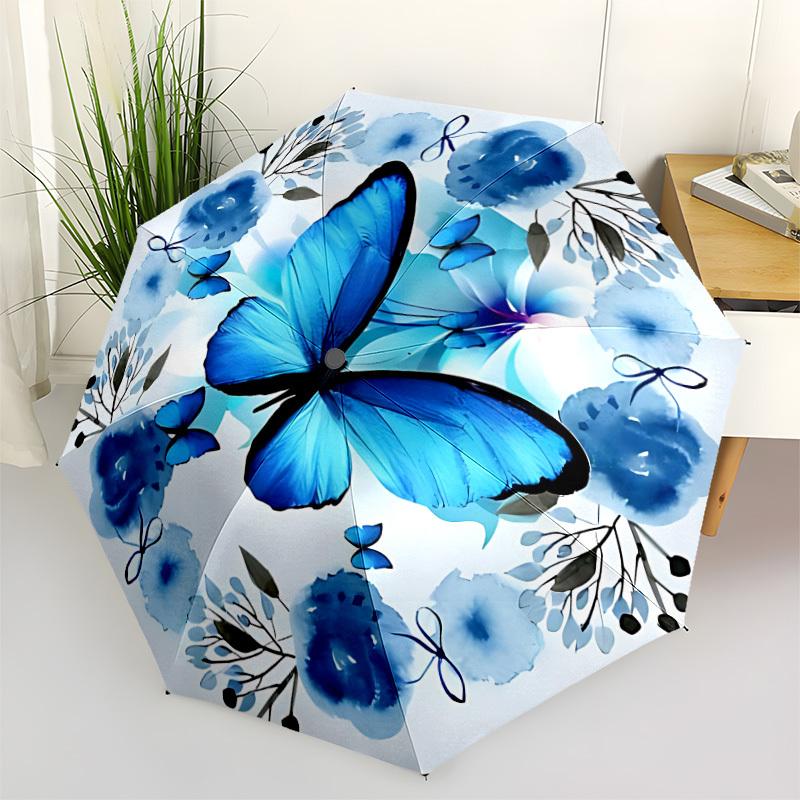 

1pc Blue Butterfly Flowers Automatic Open/close Folding Umbrella, Compact Portable Travel Umbrella, Cute Umbrella, Durable Construction yy260328030