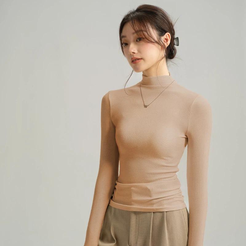 Women's Autumn And Winter Inner Wear Long Sleeved Base T Shirt Top Semi High Neck Solid Color Base Shirt