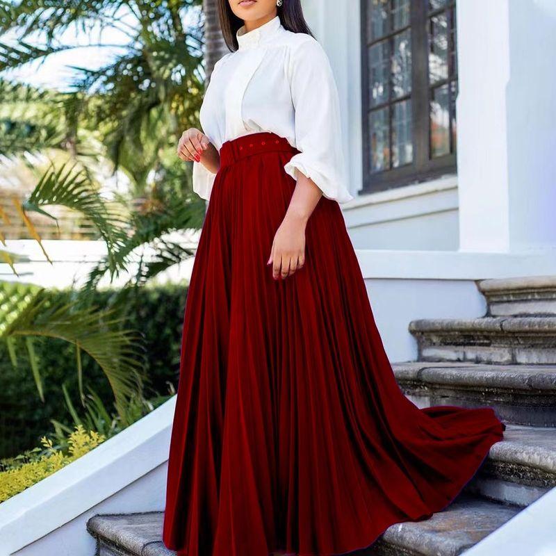 

Fashion Style Women s Dress Elegant Elegance Pleated Long Skirt Stylish Large Swing with Belt Skirt Pleated Skirt Burgundy M