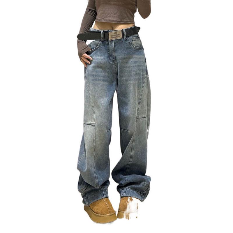 Women's Retro Wide-Leg Inverted Front Denim Jeans, Autumn/Winter 2025, Plus Velvet Thick, Loose Fit, Straight-Leg Backwards Design.
