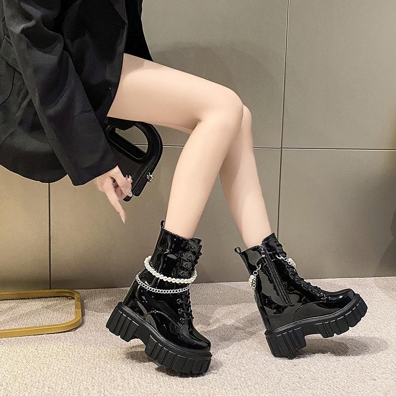 British style round head thick heel Martin boots side zipper platform locomotive boots ins pearl chain lace-up medium tube short boots women