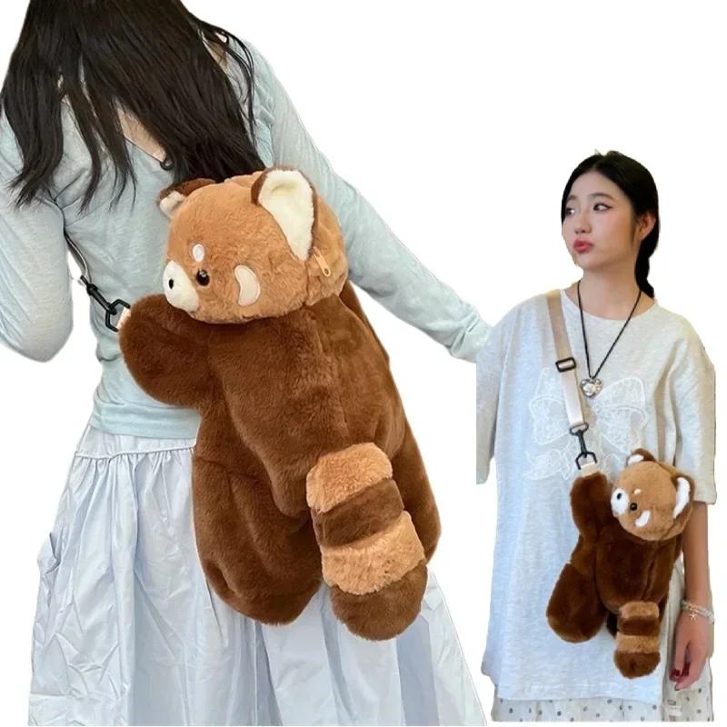 Leather Bag Women's Red Panda Plush Backpack Cute Plushie Doll Crossbody Fur Soft Shoulder Bag For Camping Travel Party Birthday Gift