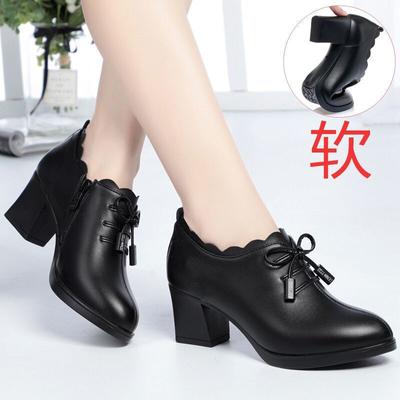 Medium Heel Mother Shoes 2025 Spring New Women's Leather Shoes Thick Heel Bow Single Shoes Women's Soft Leather Versatile High Heels
