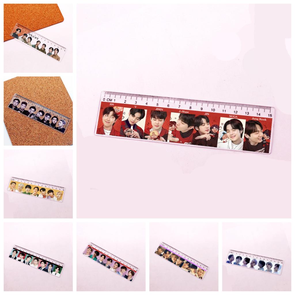 8pcs BTS Bangtan Boys Group Photo Acrylic Ruler, 15cm Clear Printed Straight Ruler, Kpop ARMY Fans School & Office Stationery