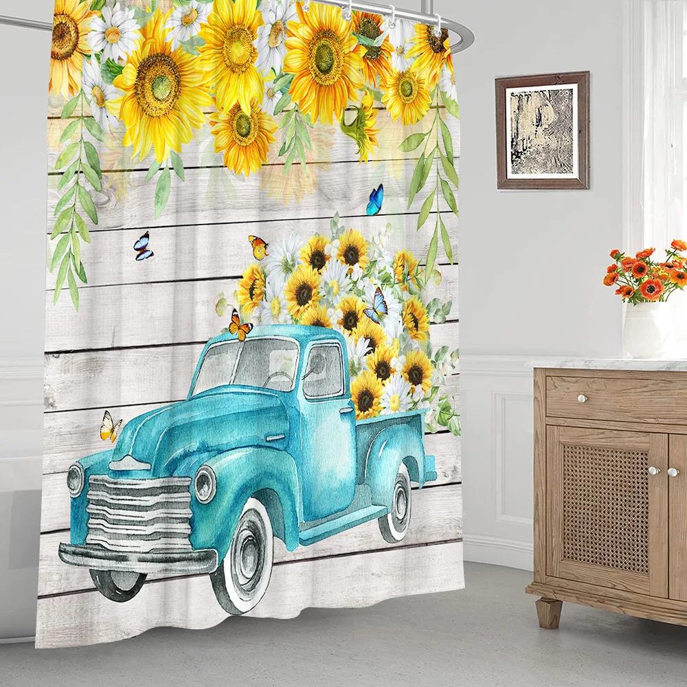 Autumn Shower Curtain Set Maple Leaf Pumpkin Farm Blue Truck Sunflower Thanksgiving Shower Curtain for Bathroom Decor Fabric