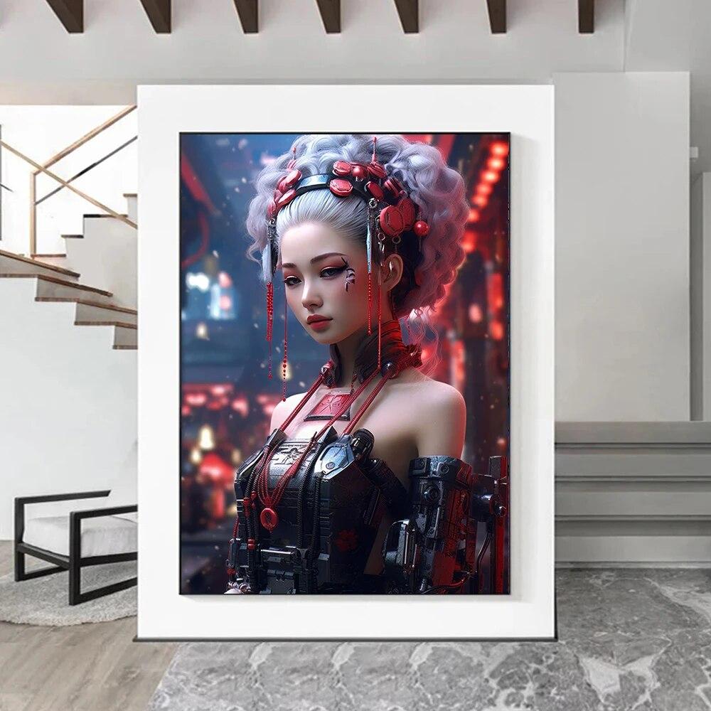 

Киберпанк гейша принты плакатов для гостиной домашний декор фантастическая японская женщина холст картина настенное искусство эстетический подарок без рамки 21*30cm