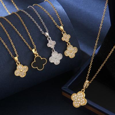 Copper Micro Inlaid 18K Gold Zircon Clover Stainless Steel Necklace