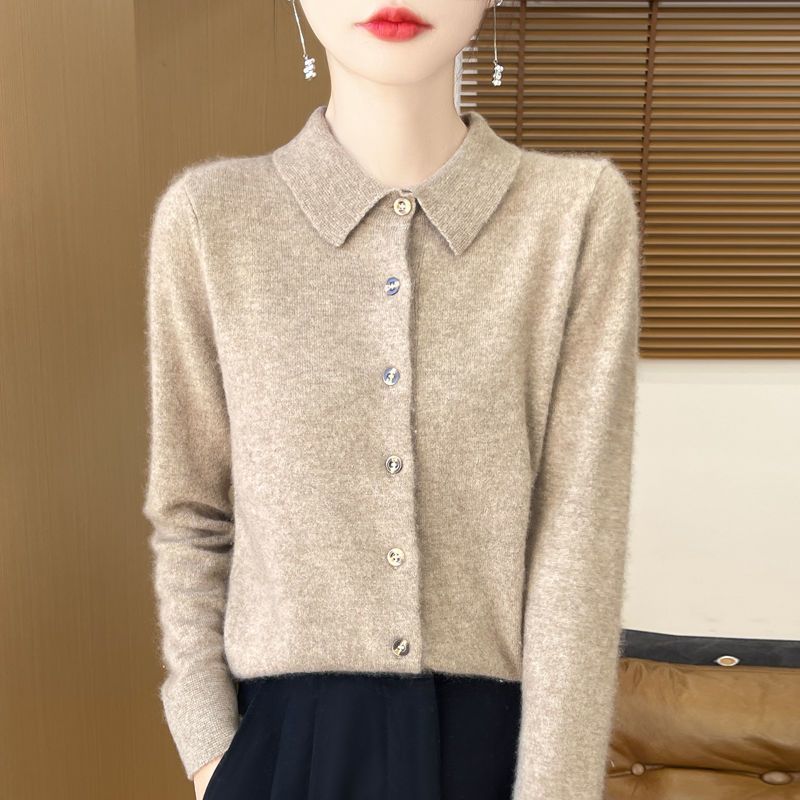 Spring Autumn Women's Wool Cardigan Solid Color Polo Collar Knitted Cardigan Long Sleeve Slim Fit Stretch Wool Cardigan