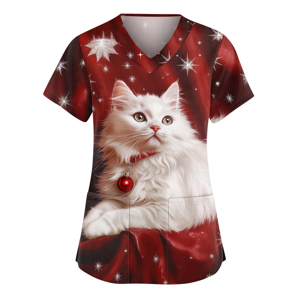 Women's Fashionable V-neck Workwear Christmas Printed Short Sleeved Pocket Side Slit Workwear Basic Pullover Top