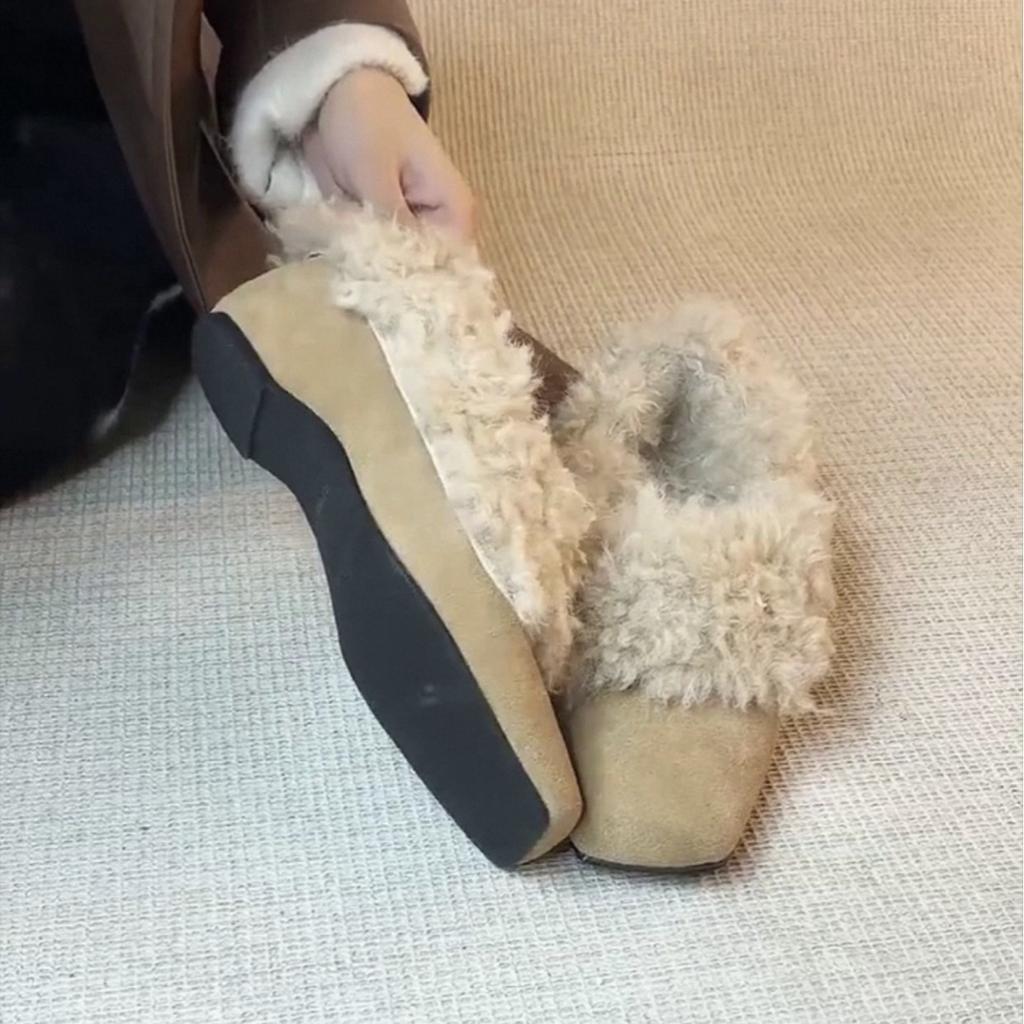 Sheepskin version~ French suede square head inner height increase fur integrated fleece single shoes women's autumn and winter versatile fluffy shoes