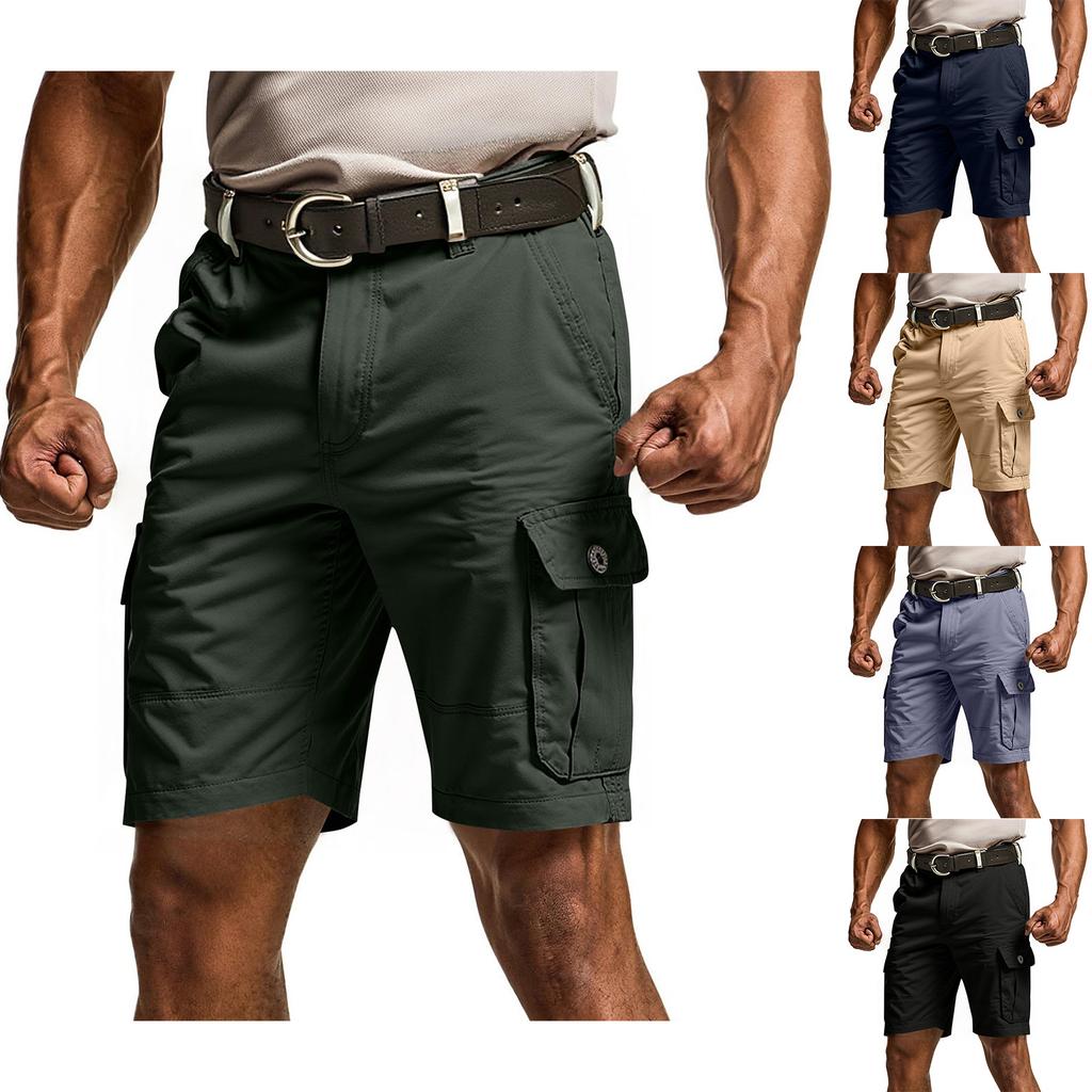 Men's Solid Color Work Pants, Cotton Five Quarter Pants, Retro Washed Multi Pocket Straight Leg Work Pants