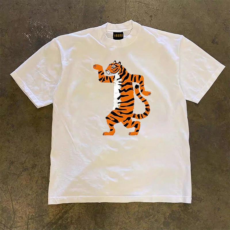 Standing Quietly Walking Tiger Print Short Sleeved Men's and Women's Hip-hop  Round Neck Couple Trendy T-shirt for Daily Wear