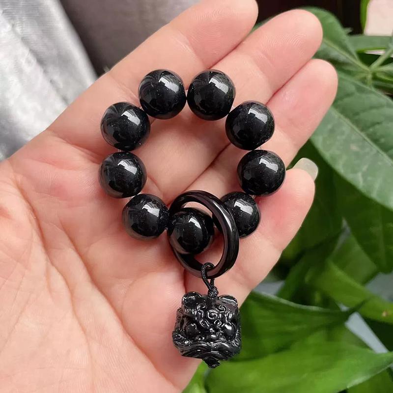 Black Awakening Lion Pendant Beaded Hand Twist Feng Shui Obsidian Bead Bracelet Men'S Women'S Wealth Good Luck Accessories