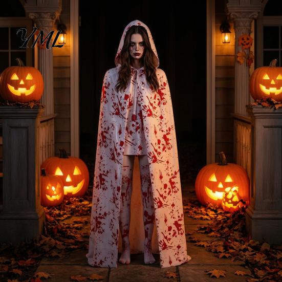 Scary Halloween Costume for Women Blood Print Women, Apron, Hooded Detailed Palm Outfit Cloak, Stockings Outfits Cosplay Parties, Haunted House Events