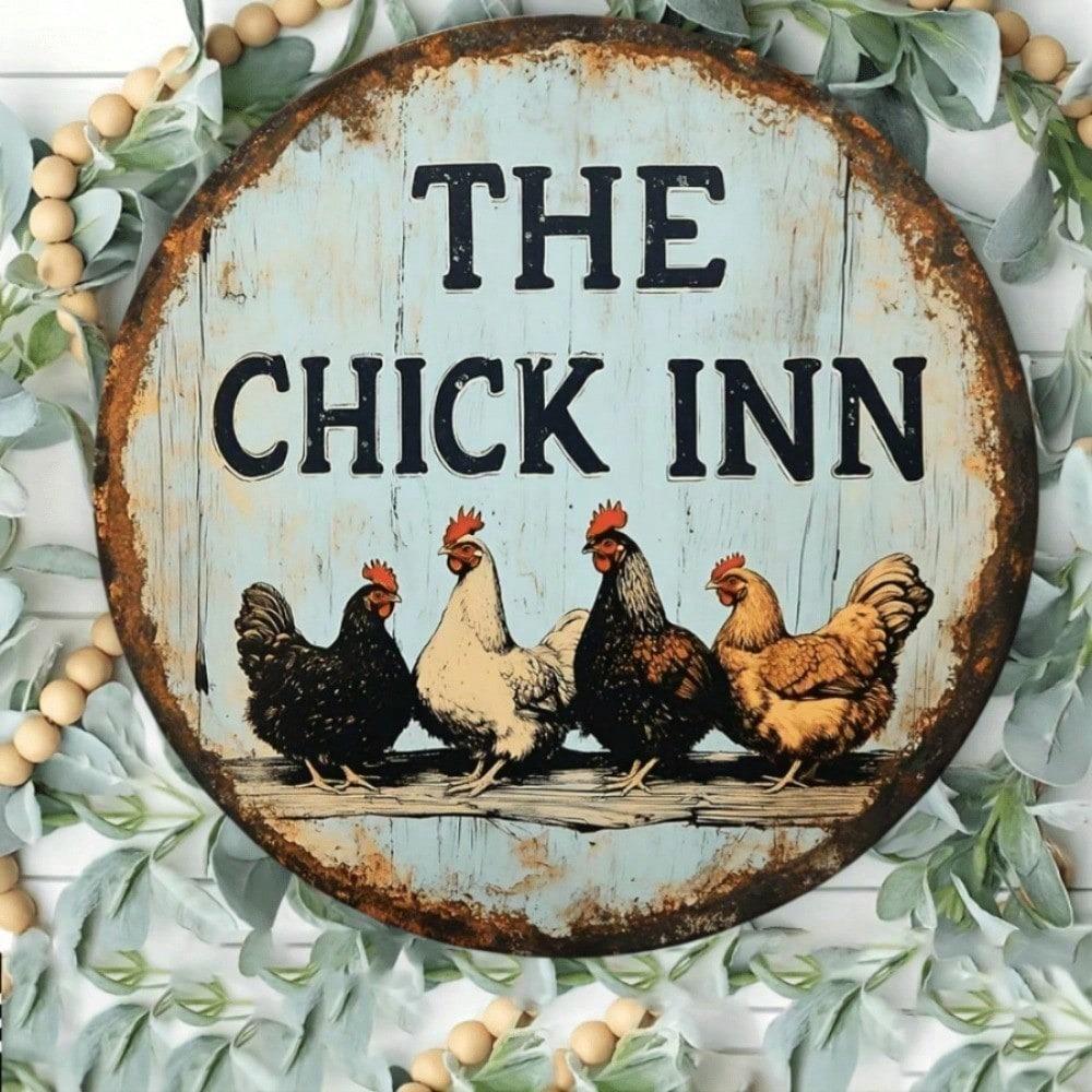 1pc Vintage Chicken Coop Metal Sign 8 Inch Round Wall Art Rustic Farmhouse Decor Flat Print