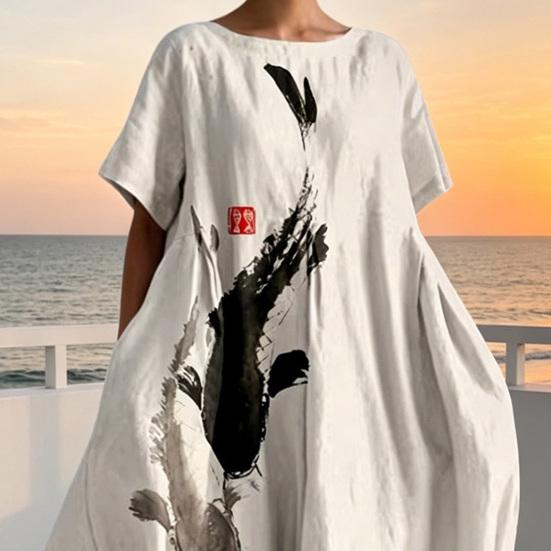 Plus Size Chinese Wash Painting Style Dress for Women Summer Short Sleeve Crew Neck Loose Long Dress Casual Vacation Sundress