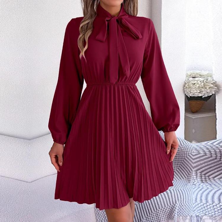 Elegant Høst Vinter Dame Snøring Høy Midje Langermet Plissert Ensfarget Kjole