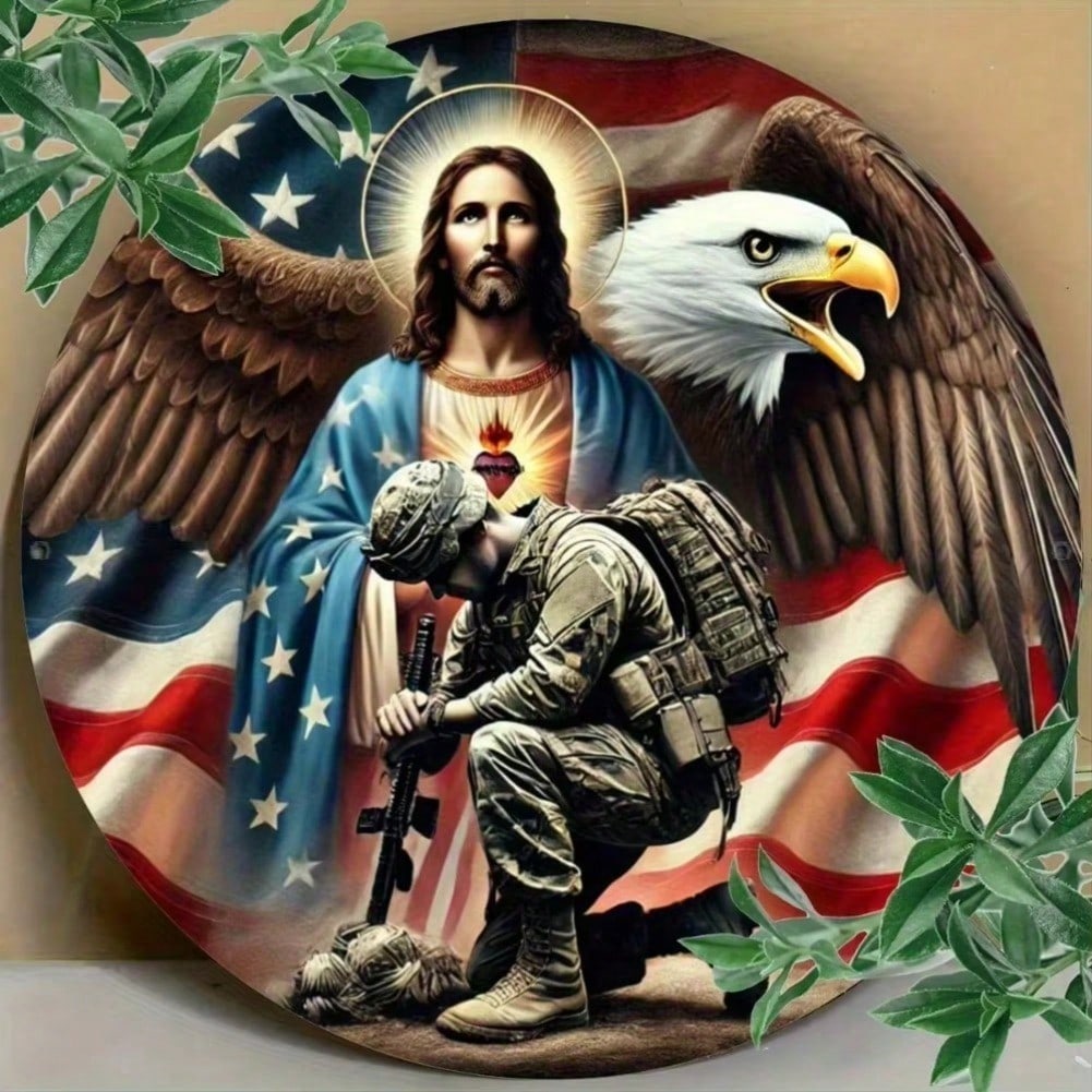 Vintage Tin Sign Patriotic God Bless Military Soldier Jesus Eagle Wall Art Durable Metal Poster Home Decor 2D Print