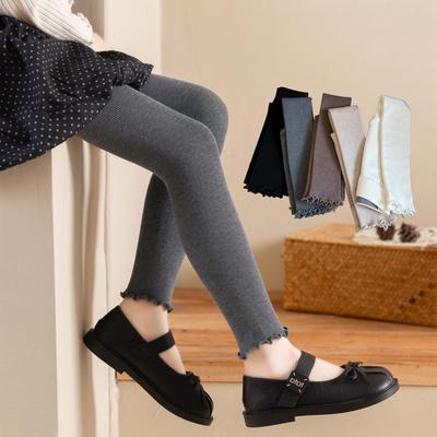 2025 Autumn/Winter Girls' Ruffle Edge Brushed Leggings - Solid Color, Versatile, Elastic Nine-Point Pants