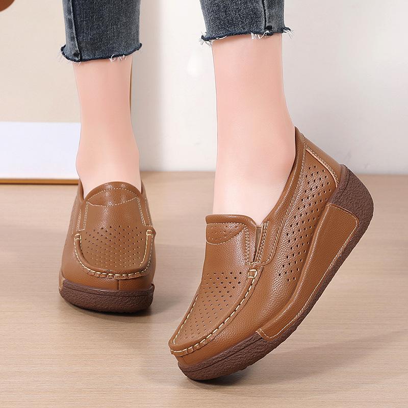 Hollowed-out Women Casual Walking Shoes Genuine Leather Rockers Shoes Fashion Loafers Elegant Mother Shoes