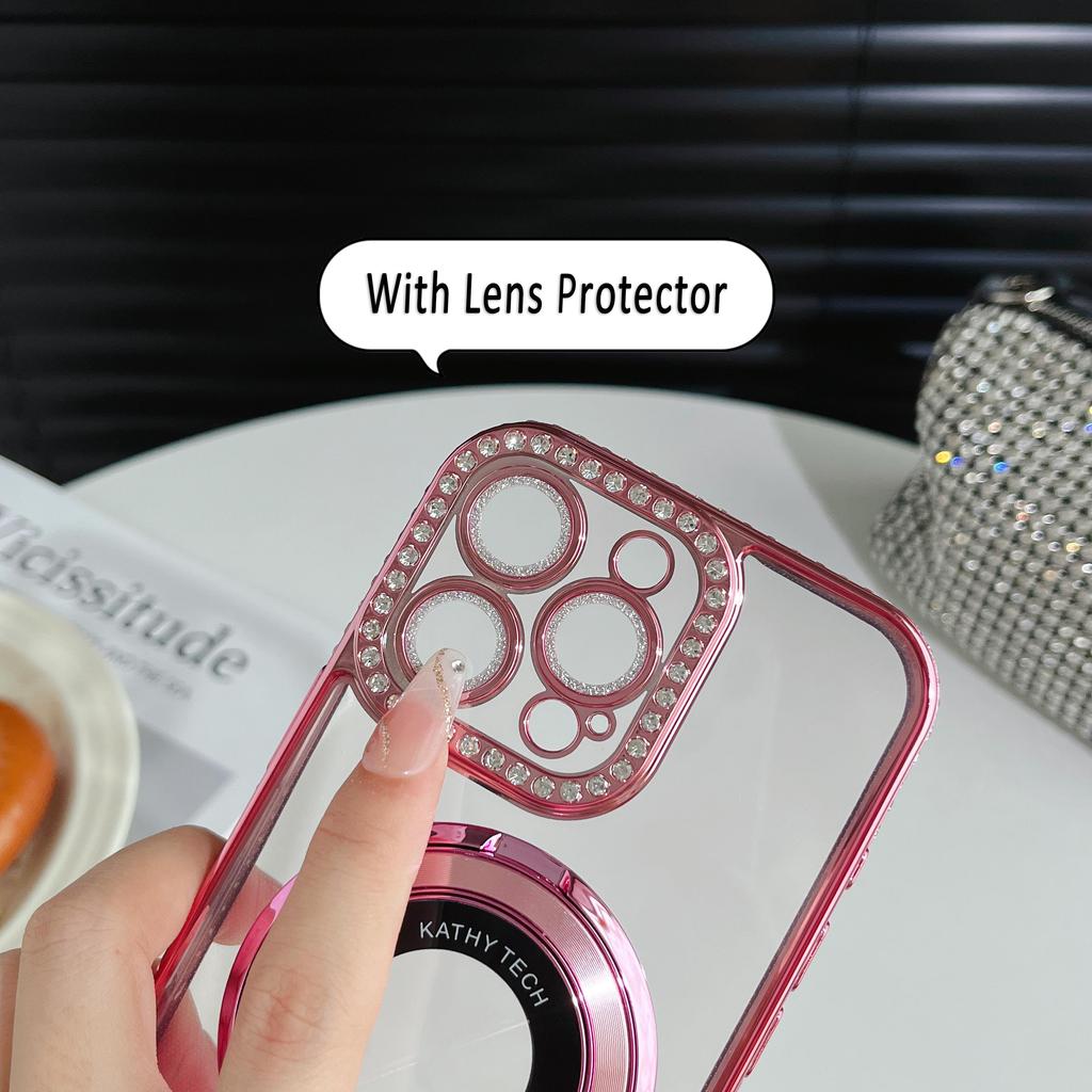 Magnetic Plating Glitter Diamond Camera Lens Protector Bumper Phone Case With Stand For iPhone 17 16 15 Pro Max Samsung S25 S24 Clear Protective Cover