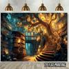 VIKAMAMagic Fairy Tale Tree Bookshelf Background Wall Tapestry Suitable for Party Photography Background Living Room Decoration