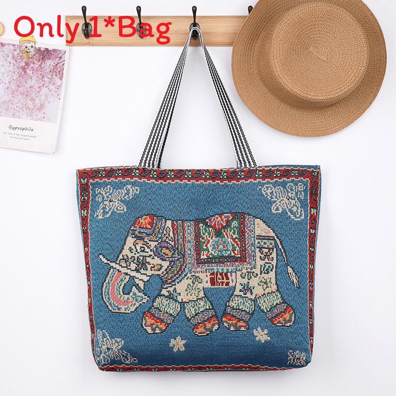Elephant Hello Kitty Butterfly Embroidered Canvas Tote Bag With Seamed Stitching For Daily Use