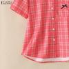 ZANZEA Women Grid Print Casual Turn Down Collar Short Sleeve Blouse
