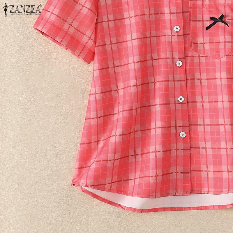 ZANZEA Women Grid Print Casual Turn Down Collar Short Sleeve Blouse