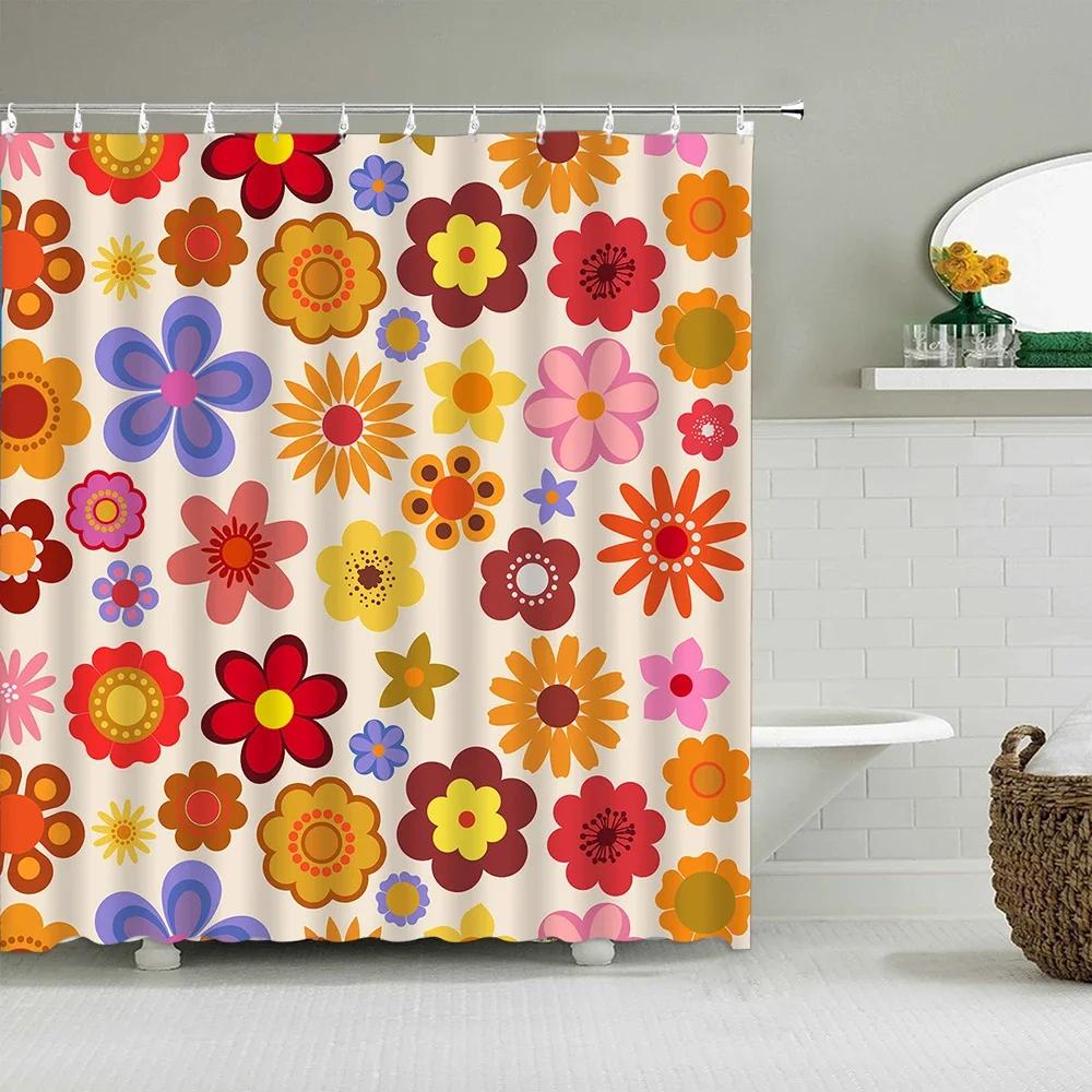 Vintage Rainbow Floral Shower Curtain 70s Colorful Stripe Fun Elegant Bohemian Abstract Style Bathroom Decoration Shower Curta