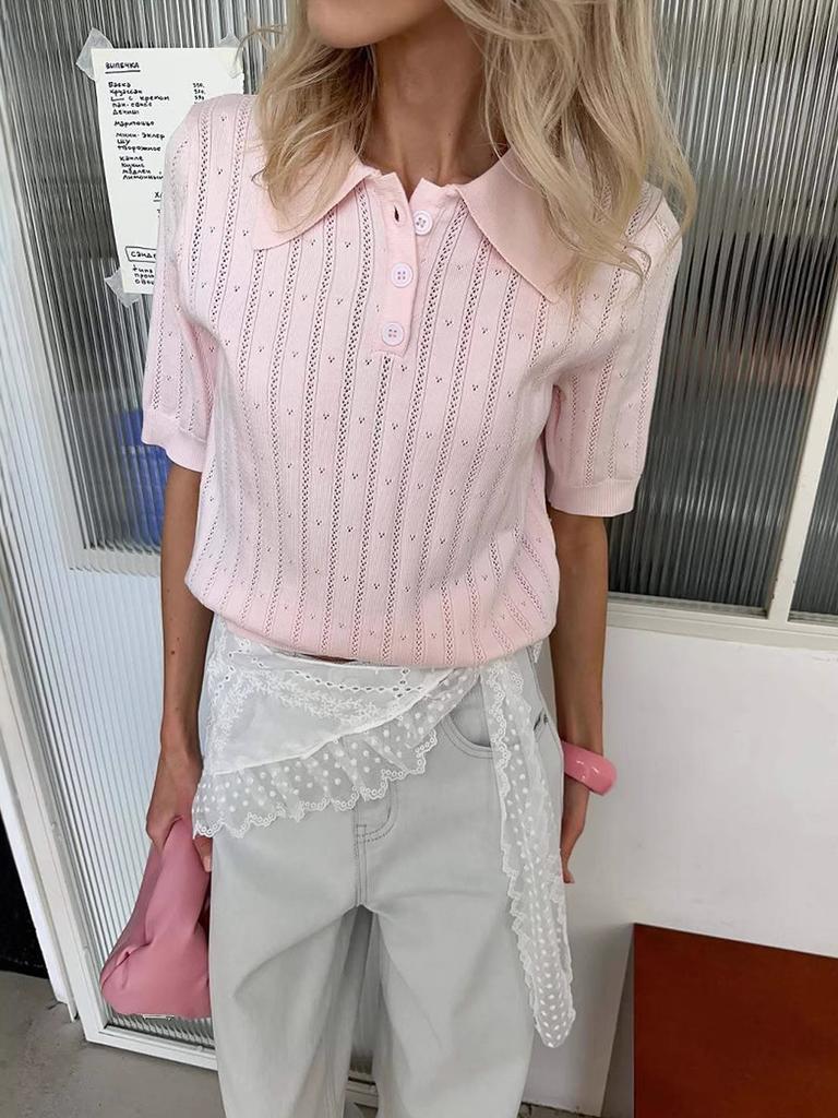 European and American Women's Casual Temperament Polo Shirt Women's 2026 Summer Solid Color Versatile Pick-hole Knitted Short-sleeved Top
