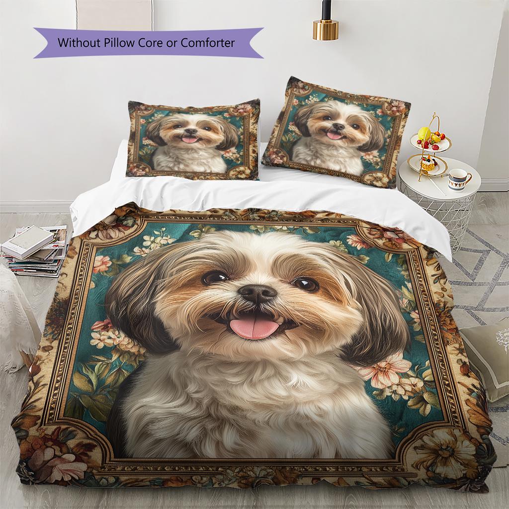 Vintage Shih Tzu Pattern Bedding Home Decoration Birthday Gift (1 * Duvet Cover + 2 * Pillowcase, Without Core)